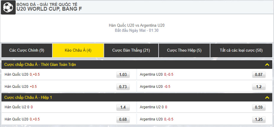dafabetlinks - Ca cuoc U20 World Cup - Hàn Quốc U20 vs Argentina U20 - keo chau a