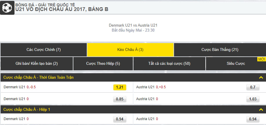 Cá cược bóng đá Dafabet - U21 VÔ ĐỊCH CHÂU ÂU - U21 Đan Mạch vs U21 Áo - kèo châu á