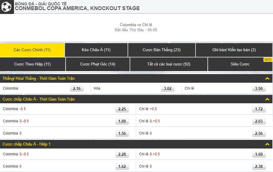 cá cược copa america 2019 - dafabet - Colombia vs Chile - cược chính